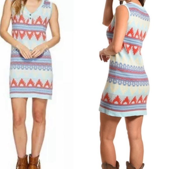 Tasha Polizzi “Sonoma” Aztec Sweater Dress NWT 100% Cotton Blue & Cream Sz S - Picture 3 of 11